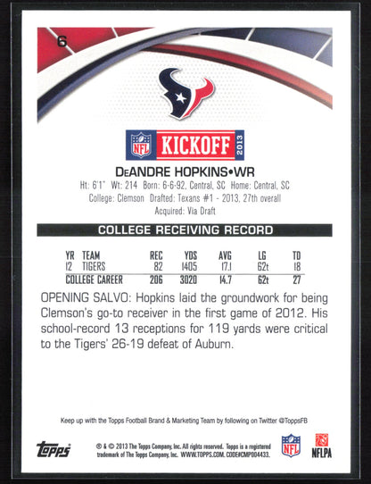 DeAndre Hopkins RC 2013 Topps Kickoff