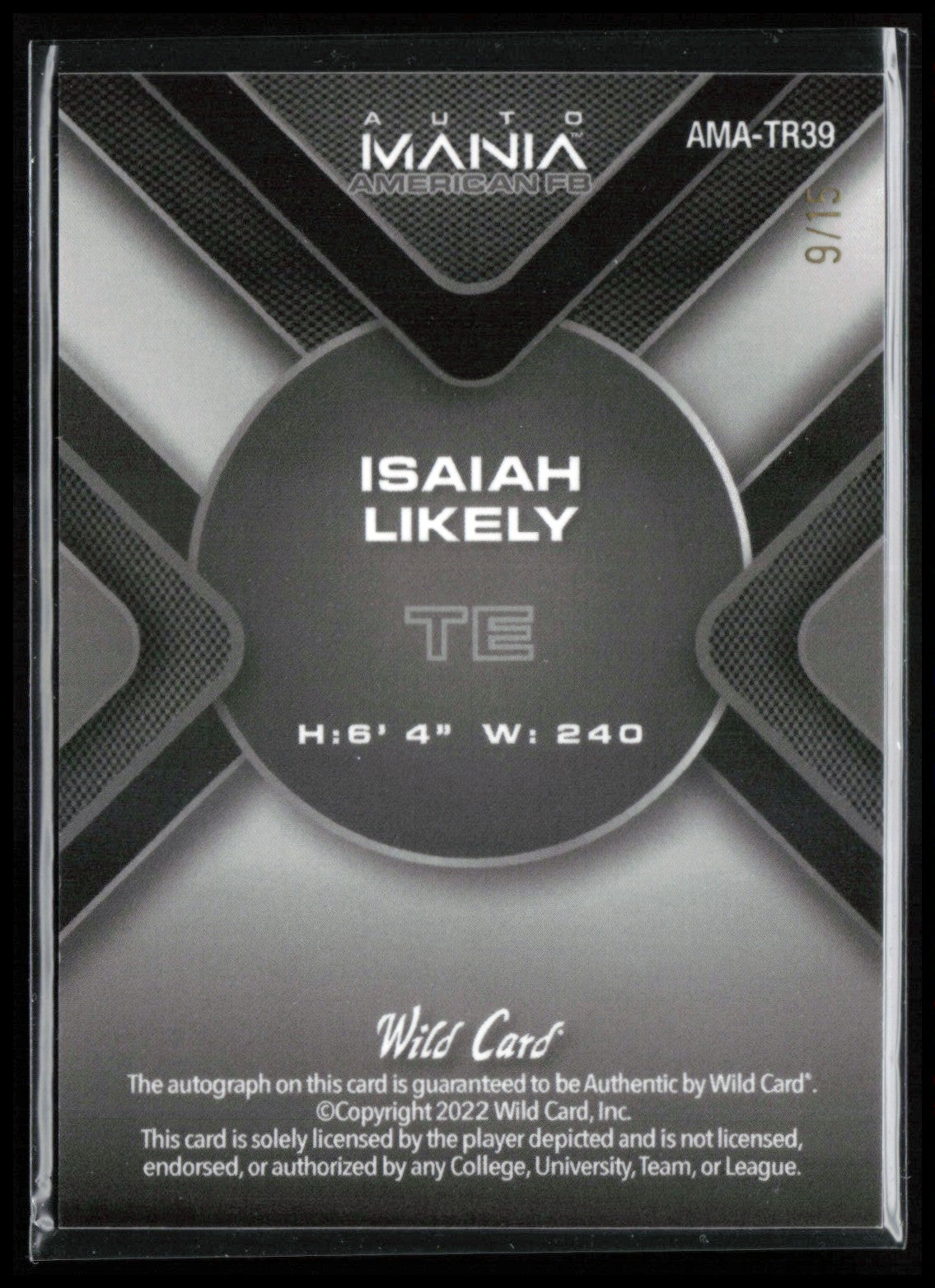 Isaiah Likely /15 Auto 2022 Wild Card Automania