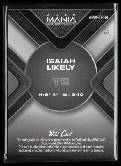 Isaiah Likely /15 Auto 2022 Wild Card Automania