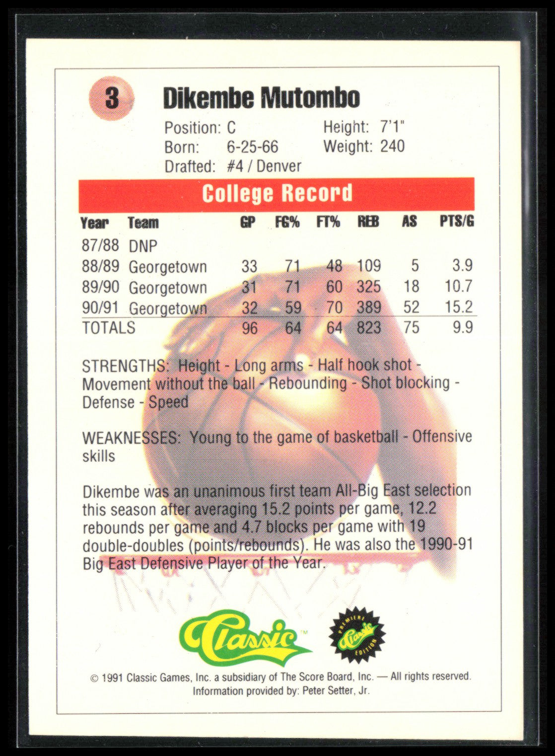 Dikembe Mutombo 1991 Classic Draft Picks