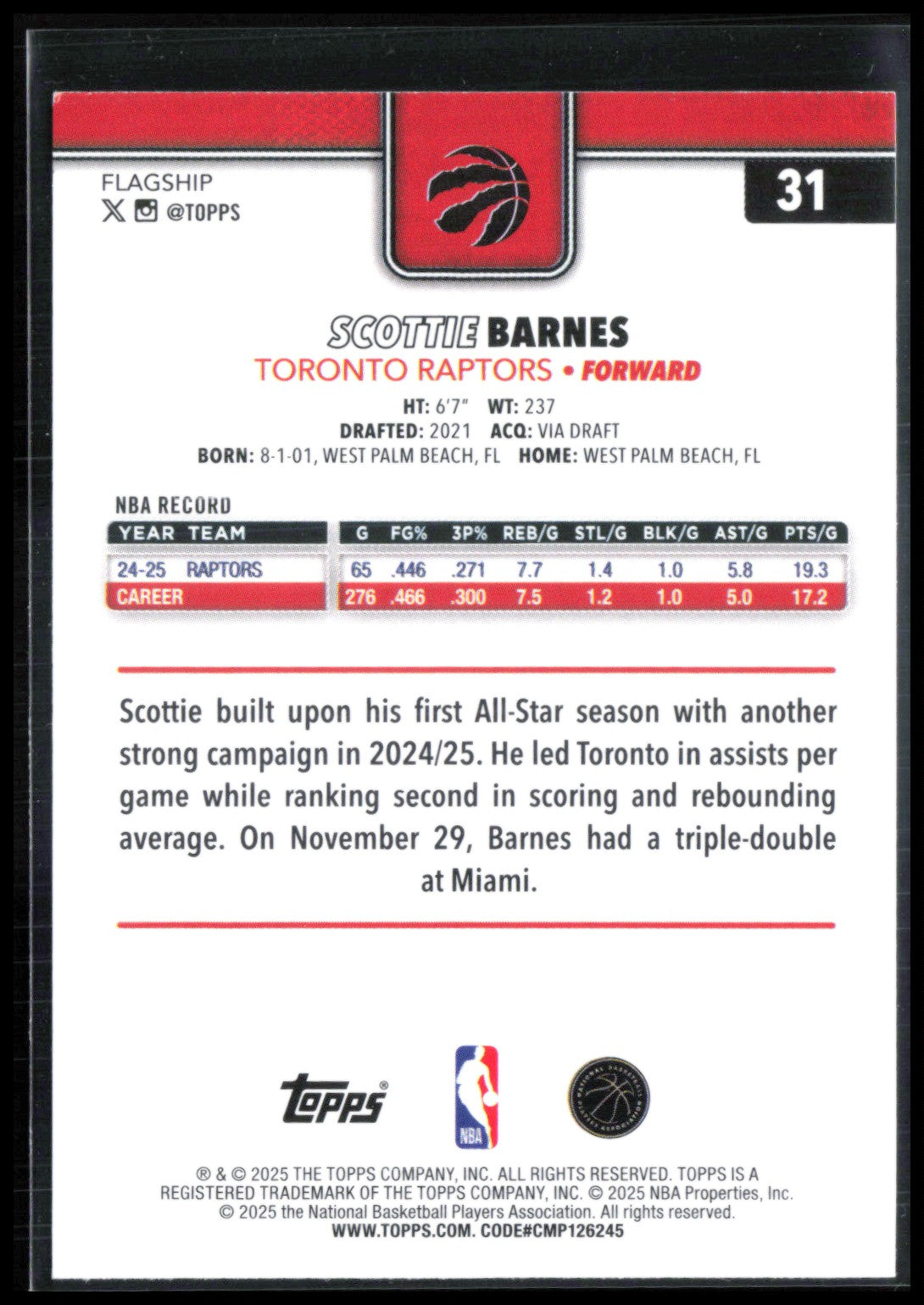 Scottie Barnes Raptors Logo Team Border SP