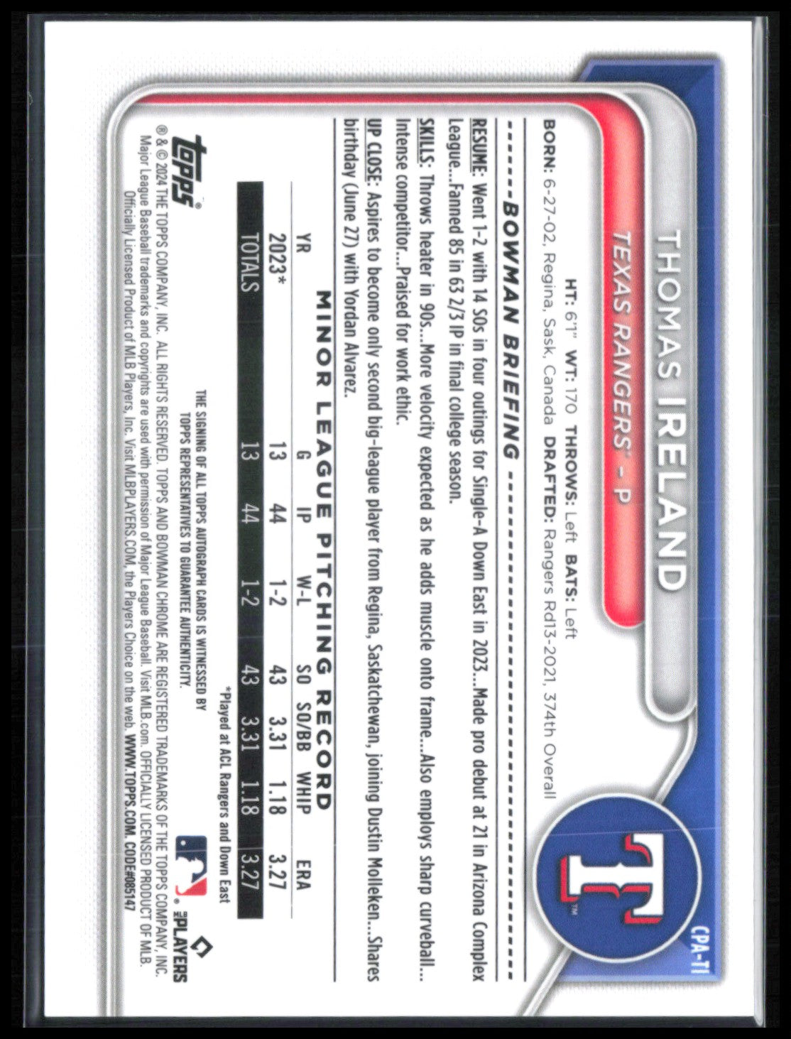 Thomas Ireland 1st Bowman Auto