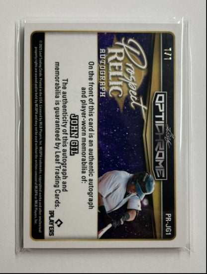 John Gil 1/1 Auto Relic Prospect Relic Autograph 2025 Leaf Optichrome