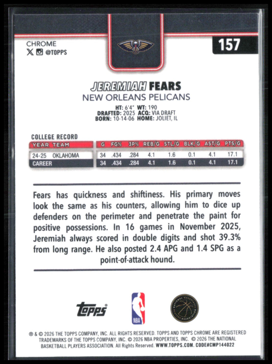 Jeremiah Fears RC 2026 Topps Chrome