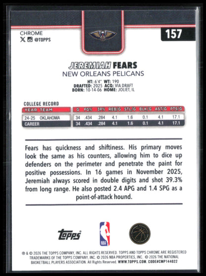 Jeremiah Fears RC 2026 Topps Chrome
