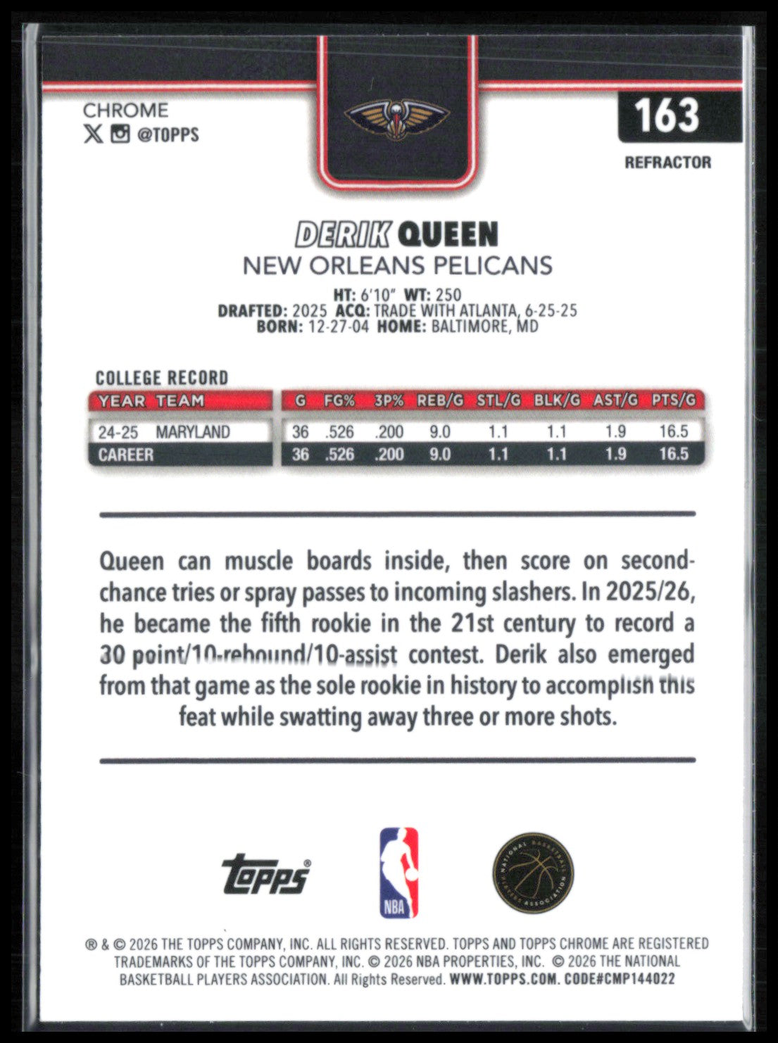 Derik Queen RC Refractor 2026 Topps Chrome