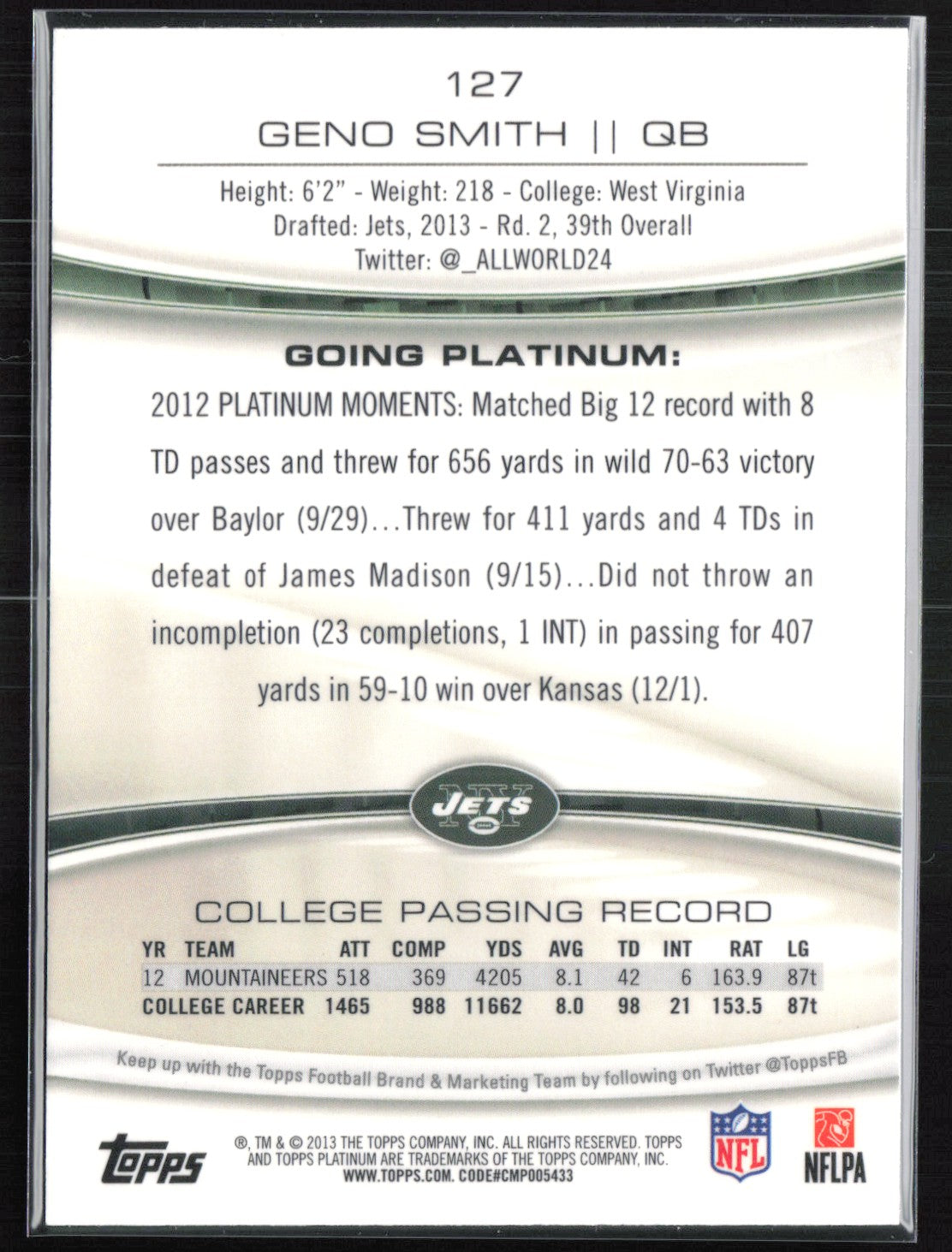 Geno Smith RC Topps Platinum