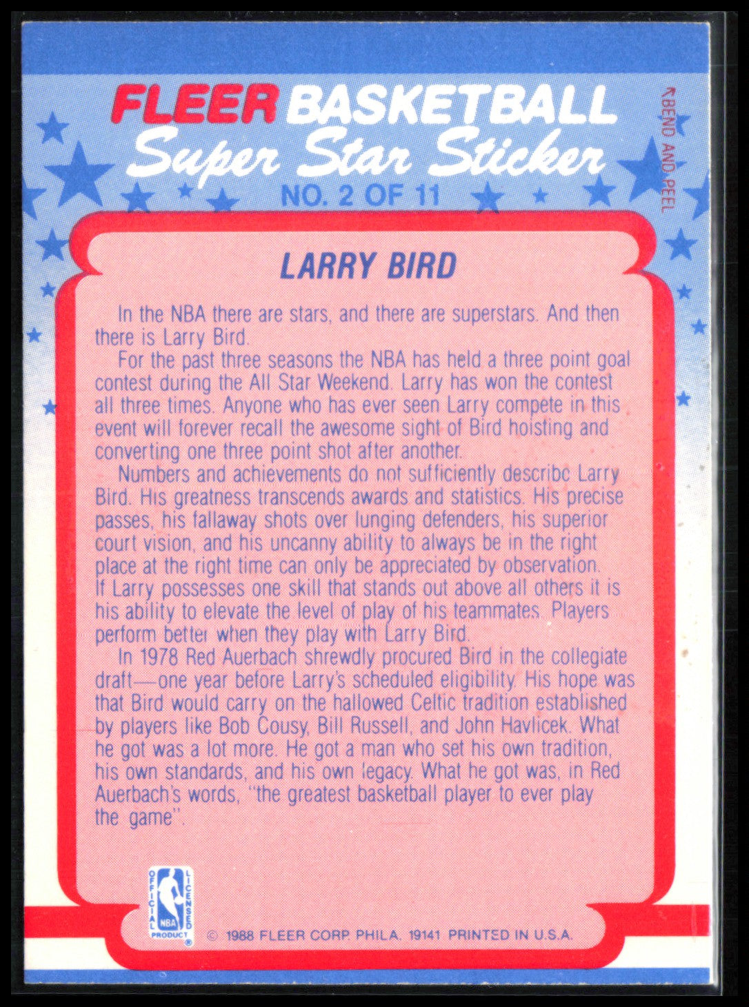 Larry Bird 1988 Fleer Stickers