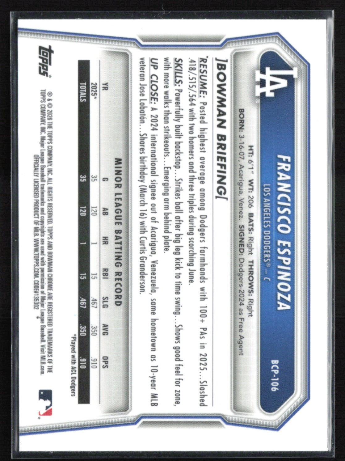 Francisco Espinoza 1st Bowman Chrome