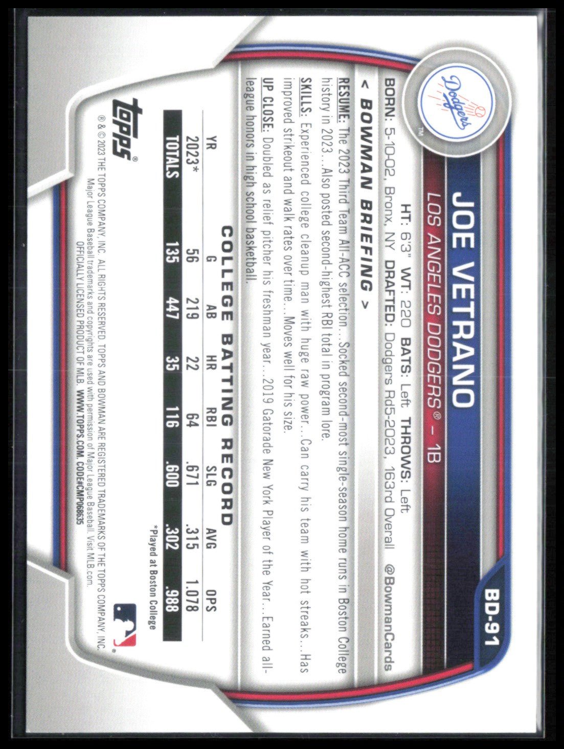 Joe Vetrano 1st Bowman Sky Blue /499
