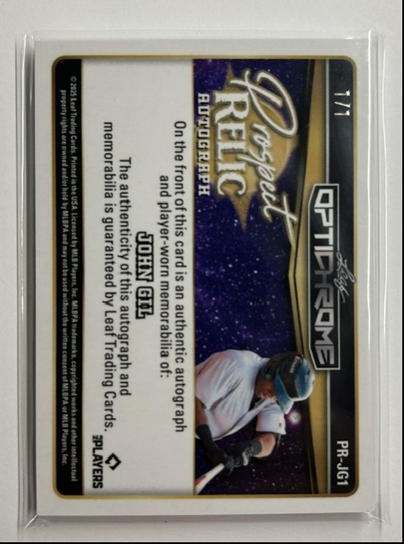 John Gil 1/1 Auto Relic Prospect Relic Autograph 2025 Leaf Optichrome
