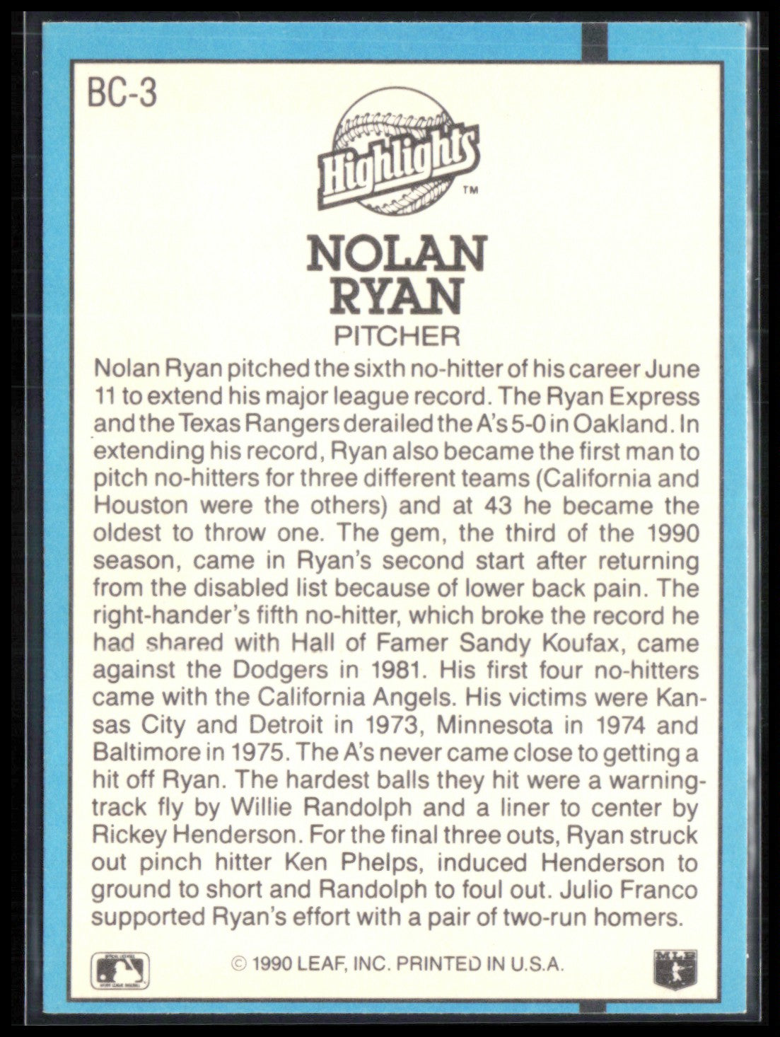 Nolan Ryan 1991 Donruss Leaf