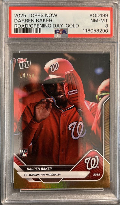 Darren Baker RC /50 2025 Topps Now Opening Day Gold PSA 8
