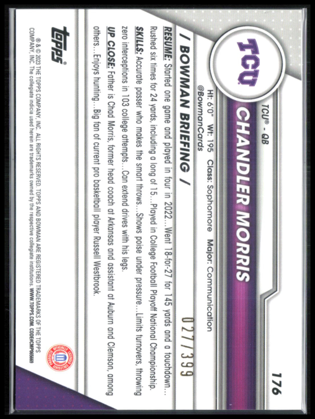 Chandler Morris 1st Bowman Purple /399