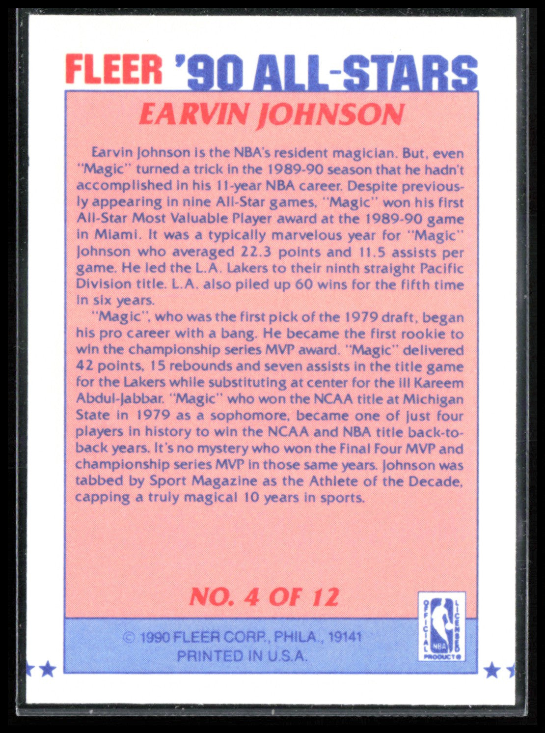 Earvin Johnson 1990 Fleer Stickers