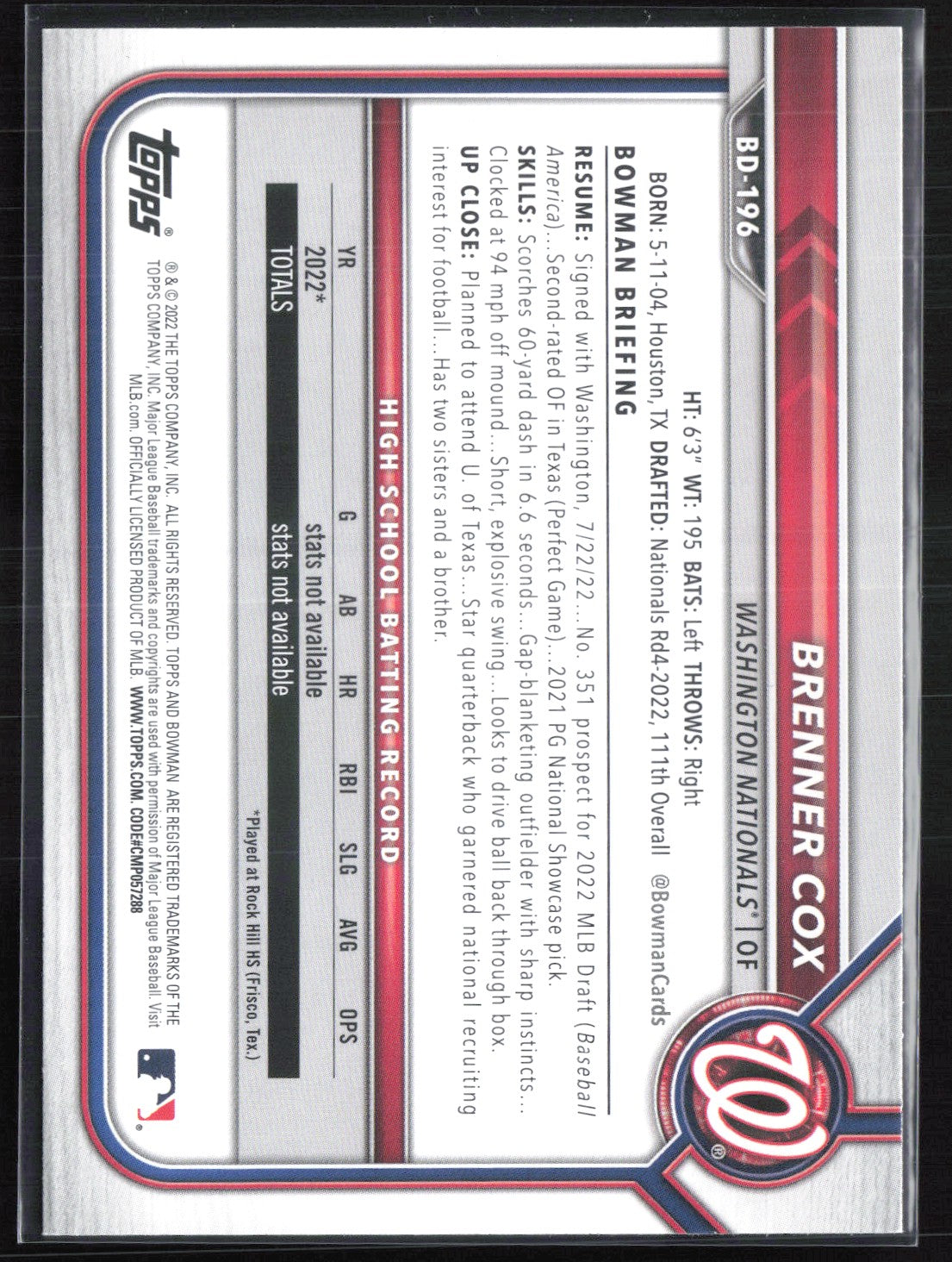Brenner Cox 1st Bowman Sky Blue /499