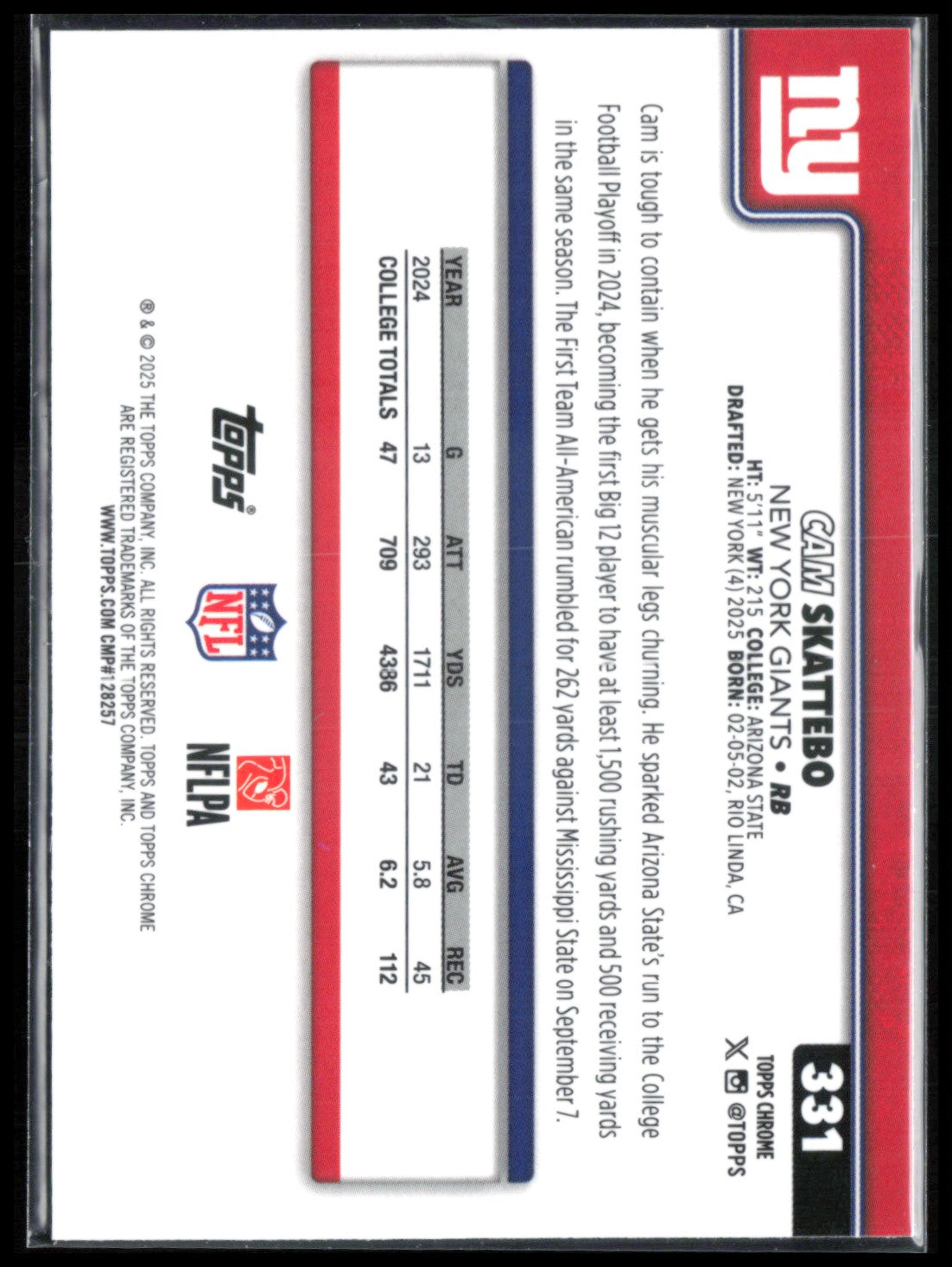 Cam Skattebo RC 2025 Topps Chrome