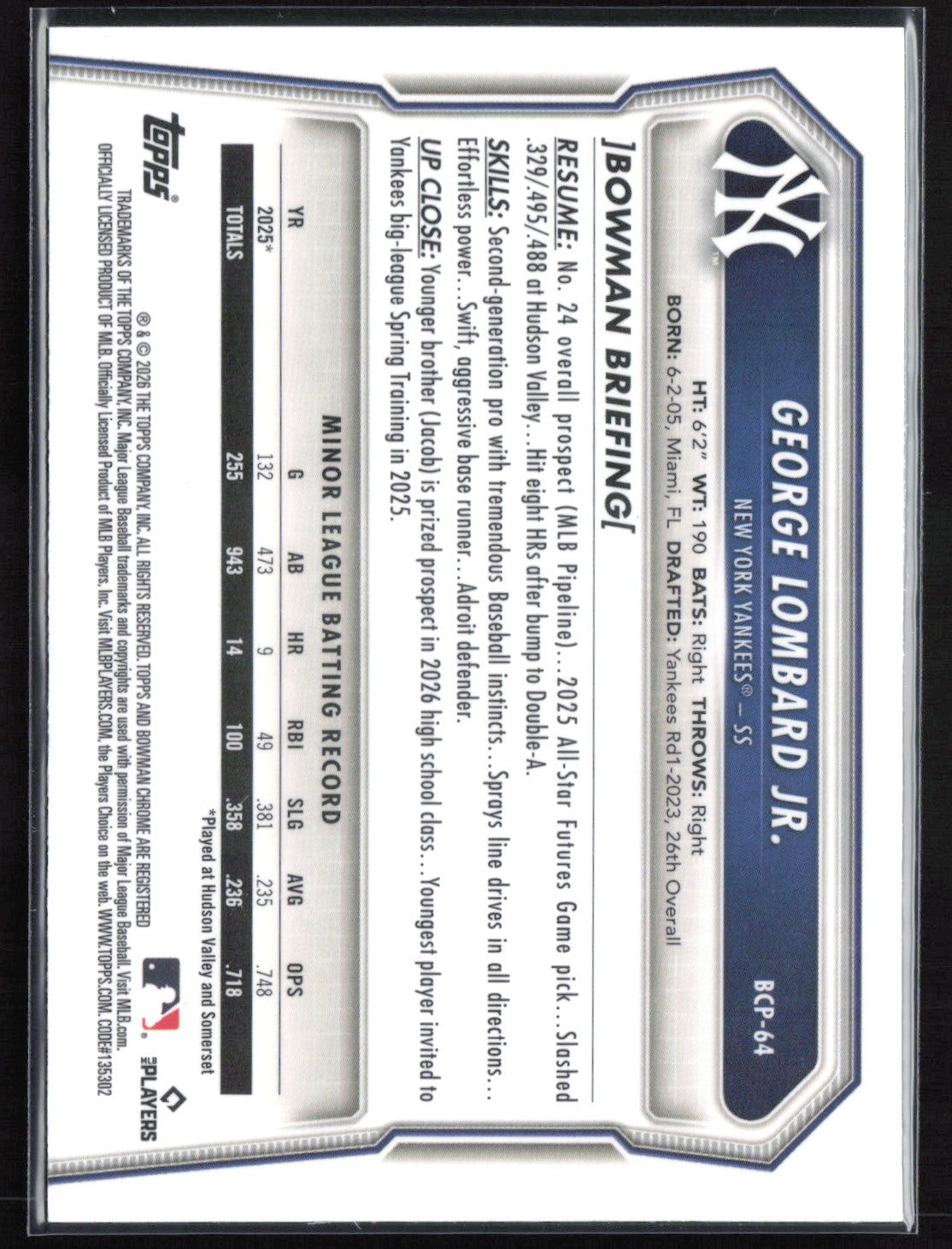 George Lombard Jr. Prospects 2026 Bowman Chrome