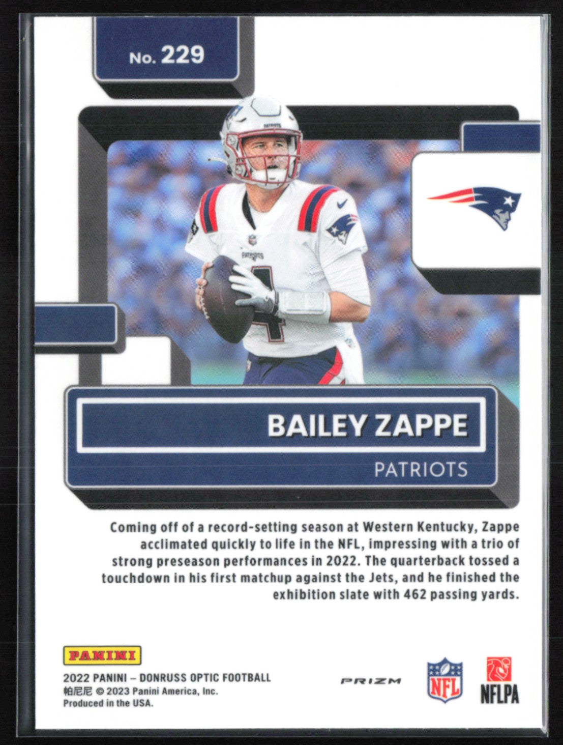 Bailey Zappe RC Rated Rookie Pink Holo