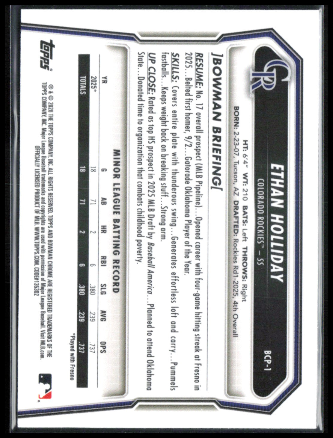 Ethan Holliday 1st Bowman Chrome