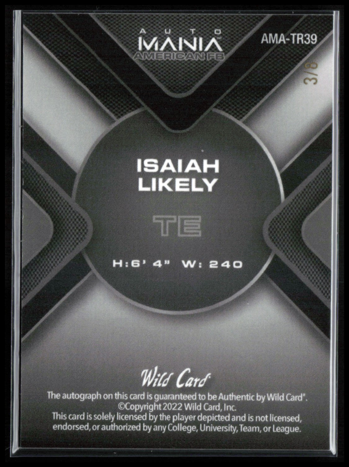 Isaiah Likely Auto /8 2022 Wild Card Automania American FB