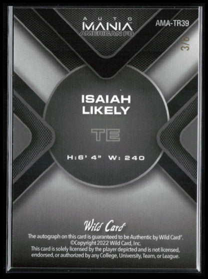 Isaiah Likely Auto /8 2022 Wild Card Automania American FB