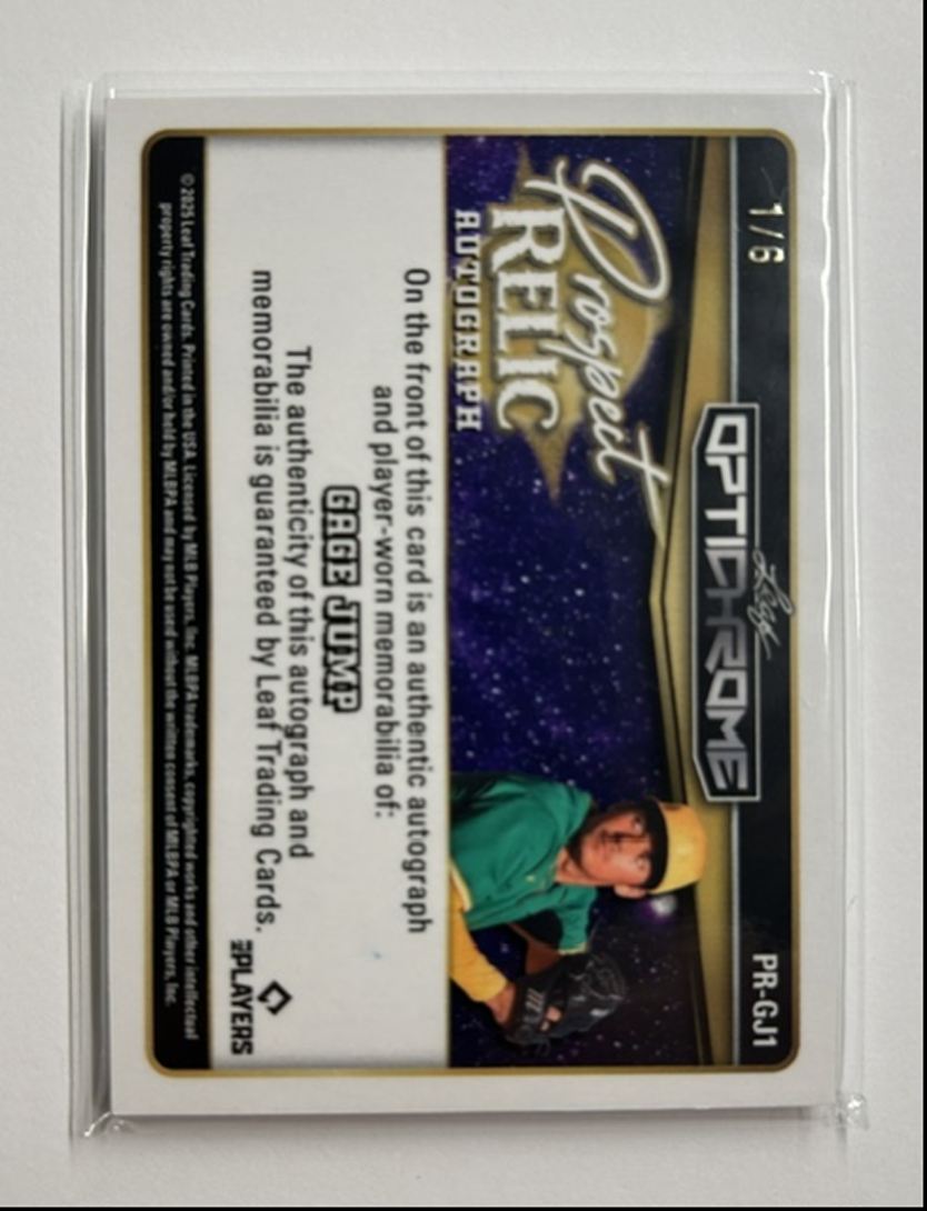Gage Jump /6 Auto Relic Prospect Relic Autograph 2025 Leaf Optichrome