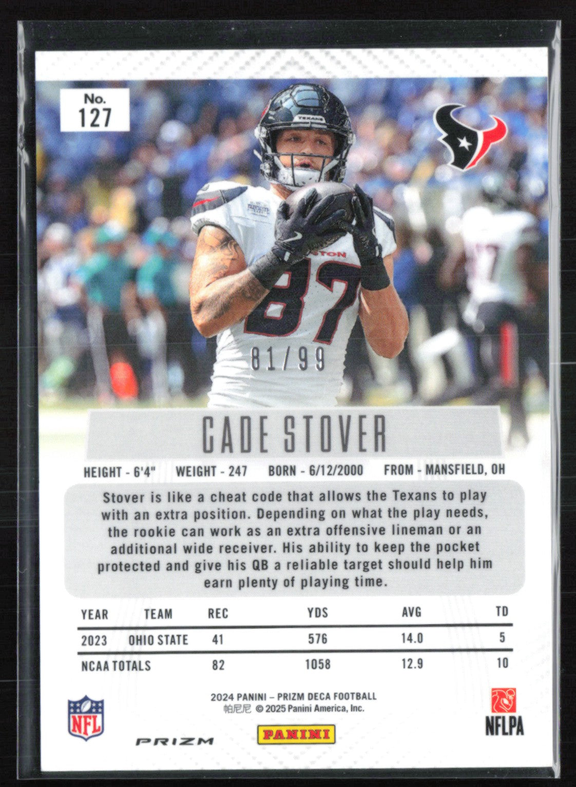 2024 Panini Prizm Deca Purple Prizms 127 Cade Stover RC Purple /99