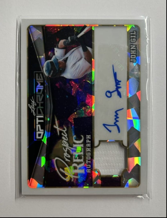 John Gil /10 Auto Relic Prospect Relic Autograph 2025 Leaf Optichrome