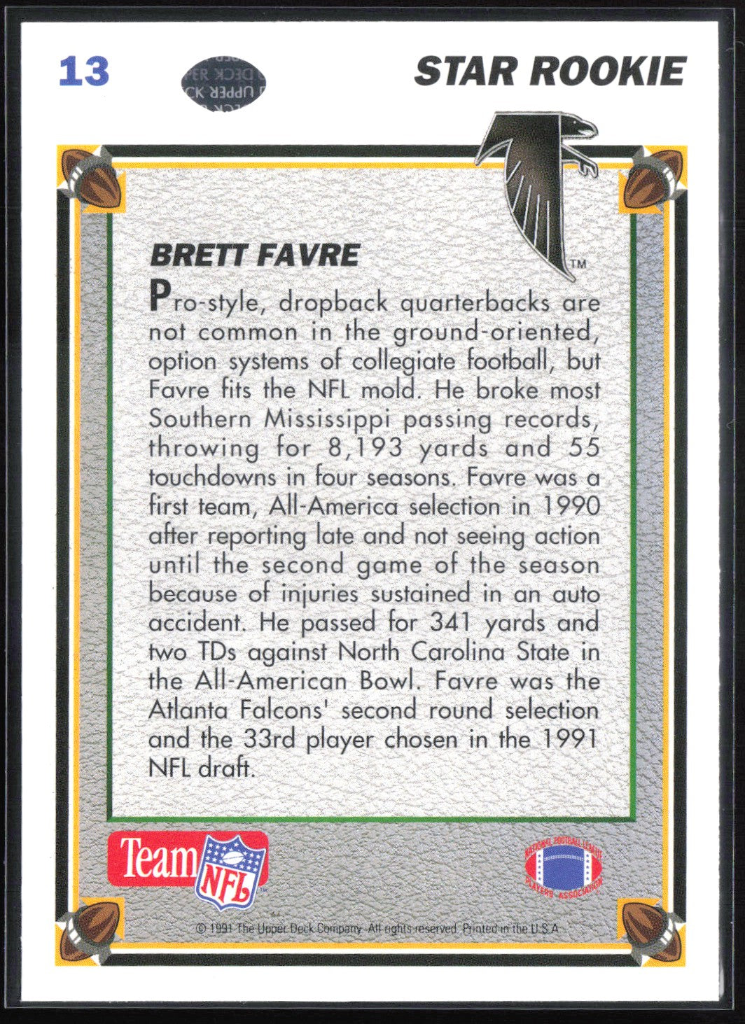 Brett Favre RC Star Rookie 1991 UD