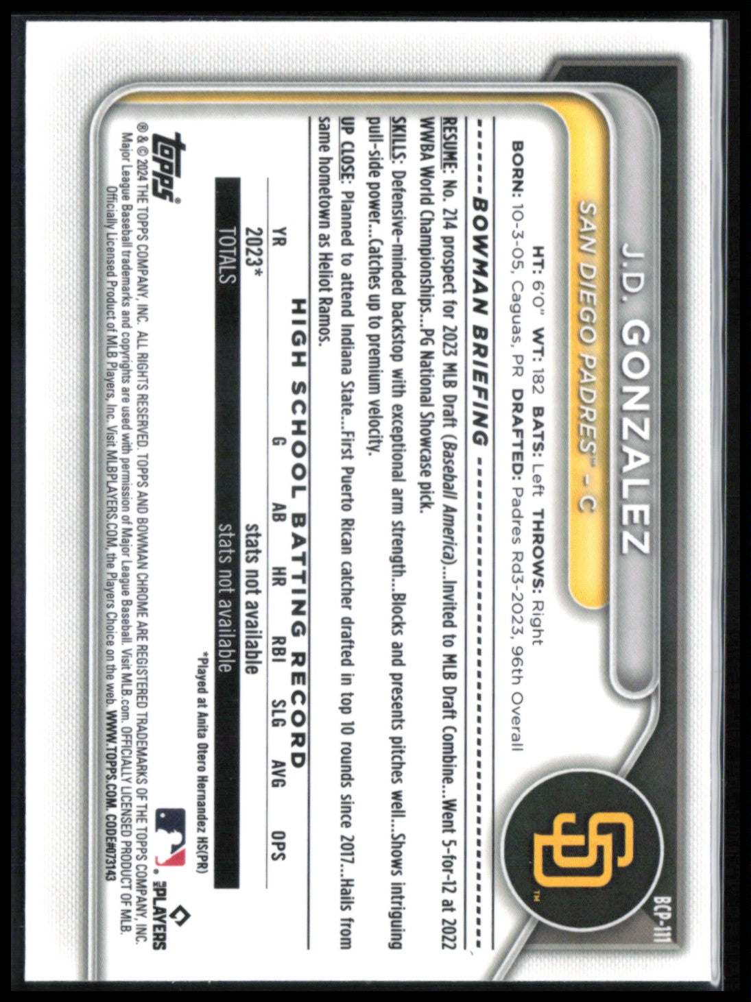 J.D. Gonzalez 1st Bowman Sapphire