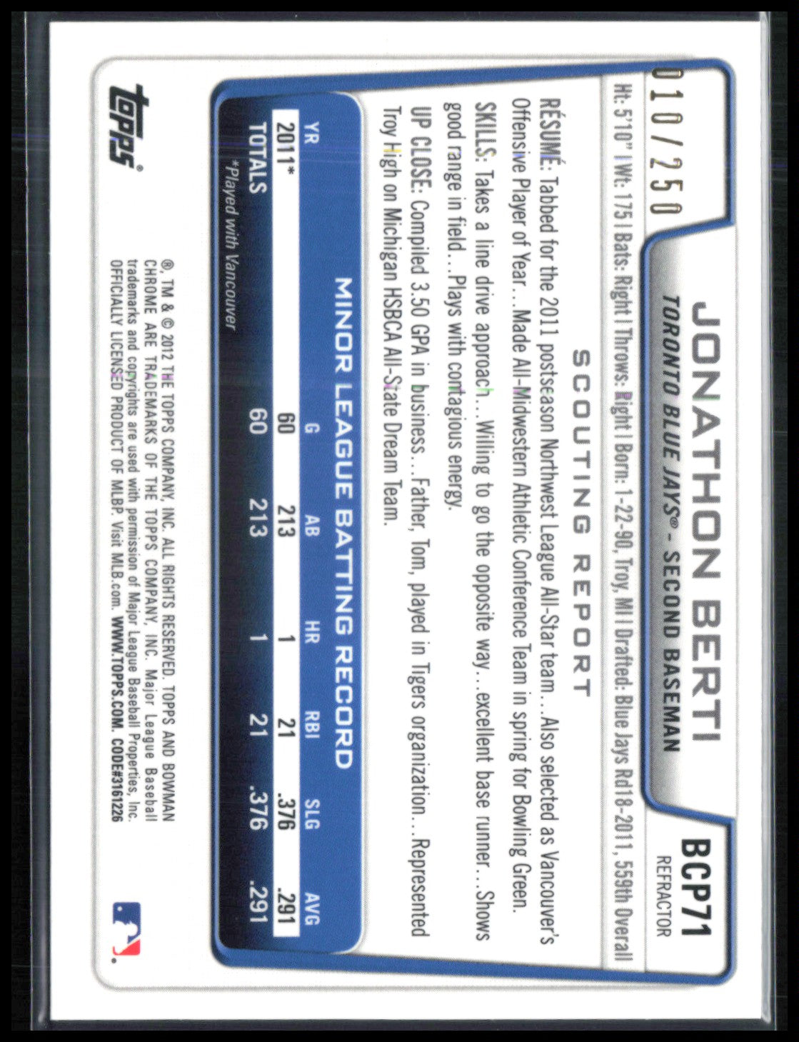 Jonathon Berti 1st Bowman Chrome Blue /250