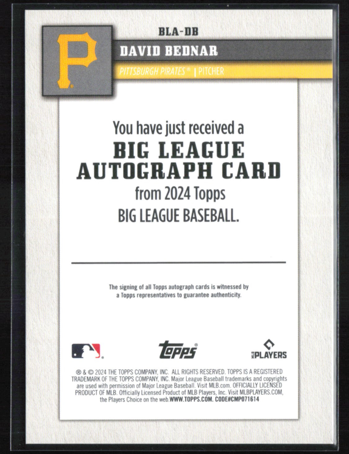 David Bednar Auto /50 Gold Refractor 2024 Topps Big League