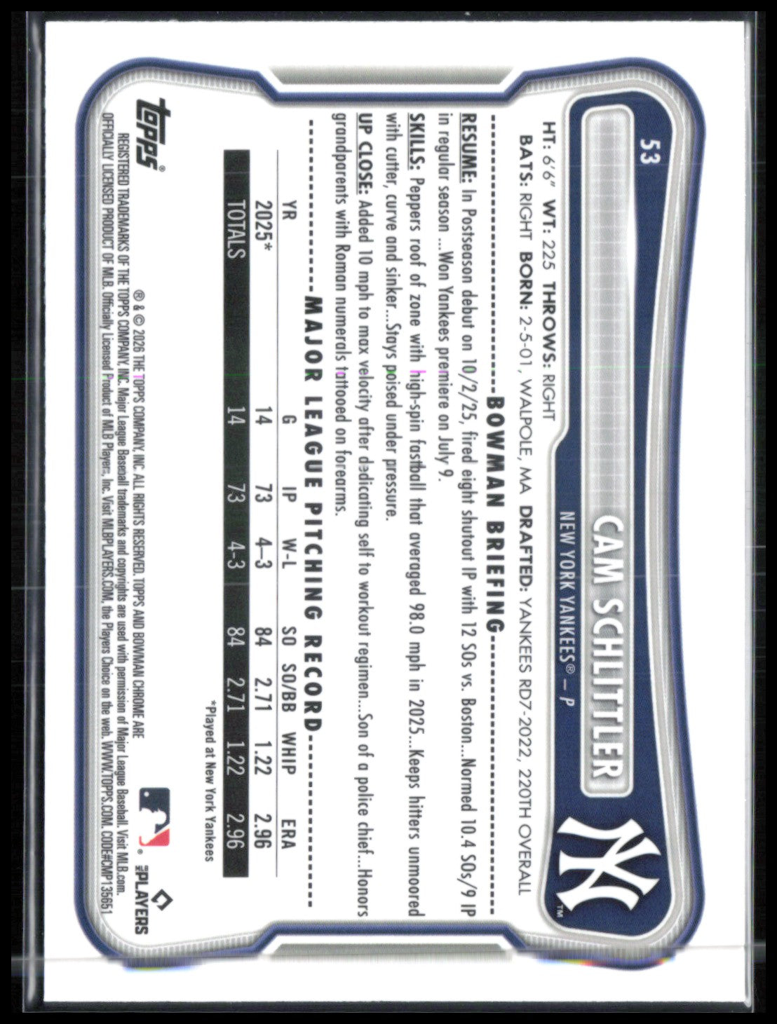 Cam Schlittler RC Mojo 2026 Bowman