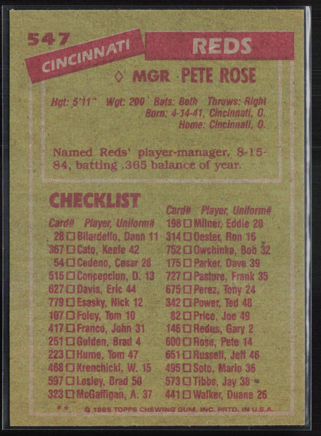 Pete Rose 1985 Topps Checklist