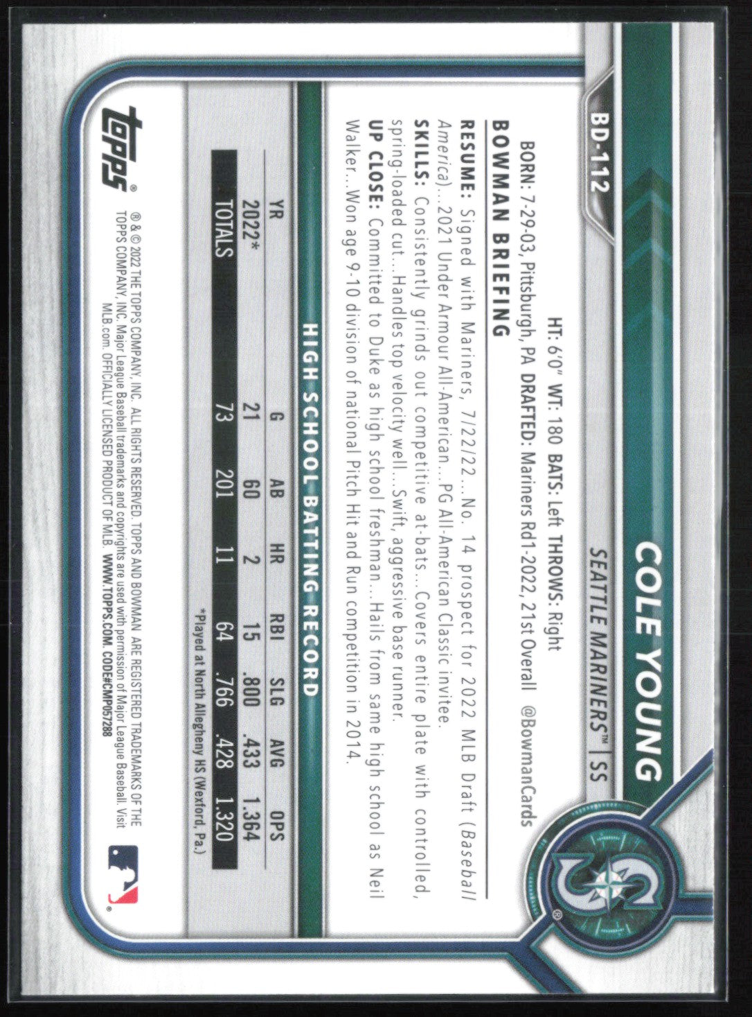 Cole Young 1st Bowman Prospects