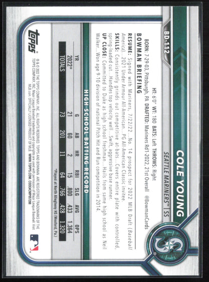 Cole Young 1st Bowman Prospects