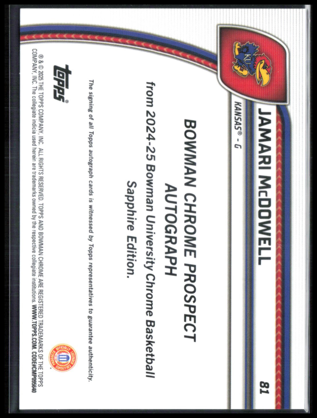 Jamari McDowell Auto Orange /25 2024-25 Bowman U Chrome Sapphire