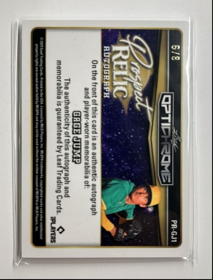 Gage Jump /8 Auto Relic Prospect Relic Autograph 2025 Leaf Optichrome