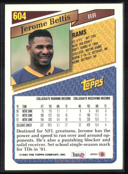 Jerome Bettis RC 1993 Draft Pick Topps