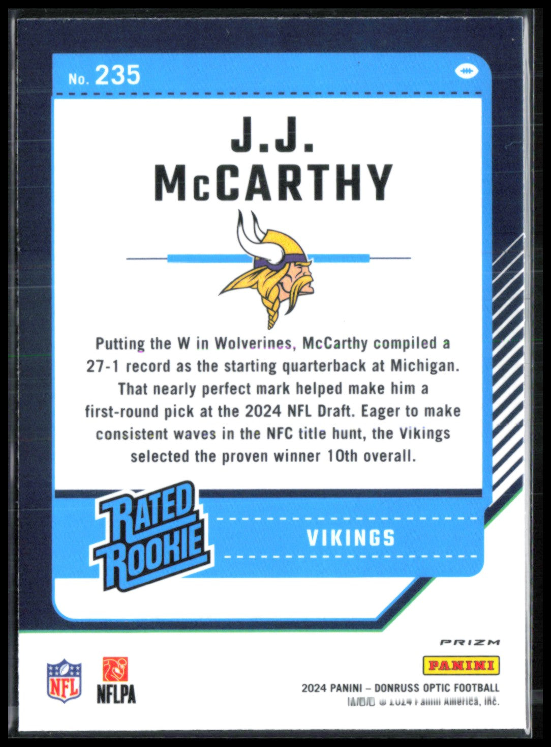 J.J. McCarthy RC Purple Shock Rated Rookie