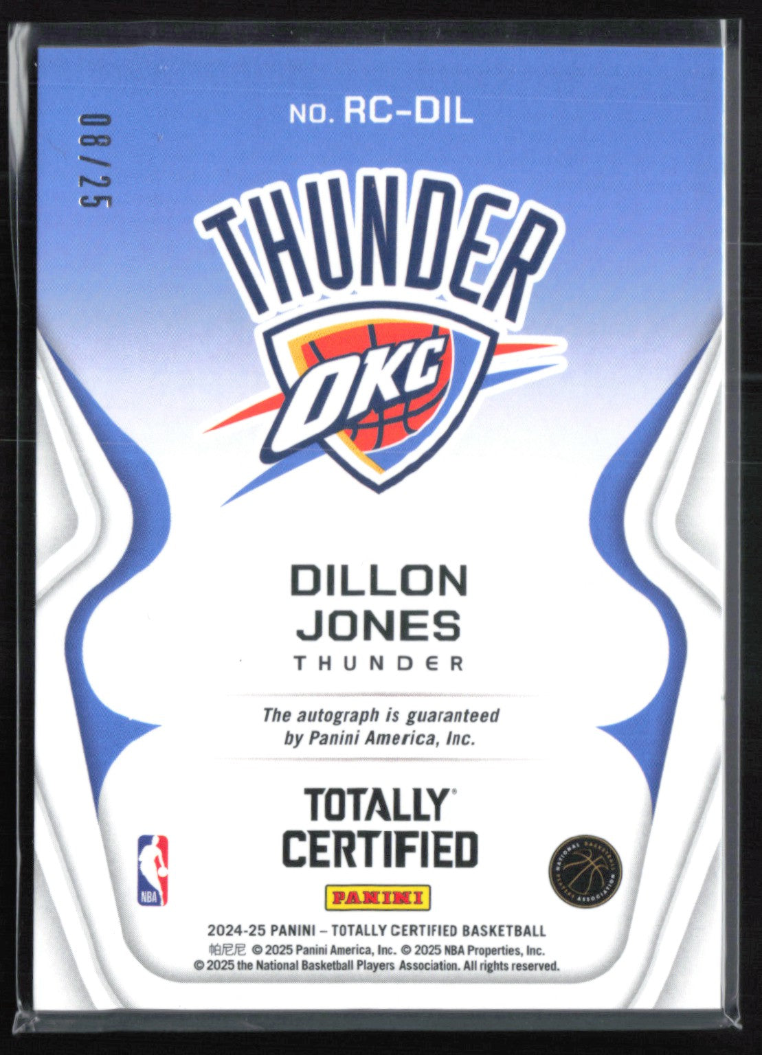 Dillon Jones RC Auto /25 Rookie Roll Call 2024-25 Totally Certified