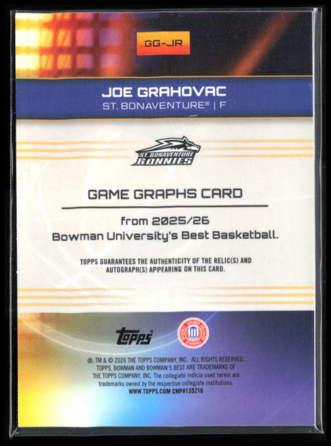 Joe Grahovac Game-Worn Mem Auto Game Graphs /75 Yellow Laser