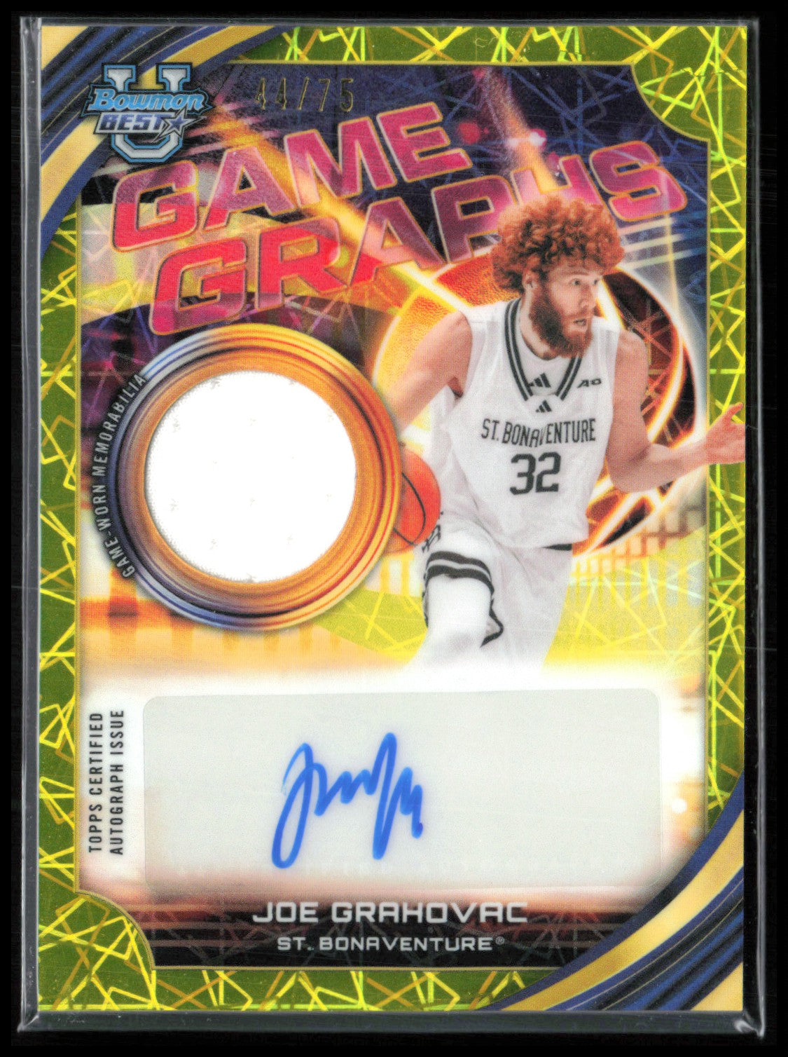 Joe Grahovac Game-Worn Mem Auto Game Graphs /75 Yellow Laser