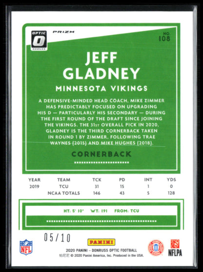 Jeff Gladney RC Gold 05/10 2020 Donruss Optic
