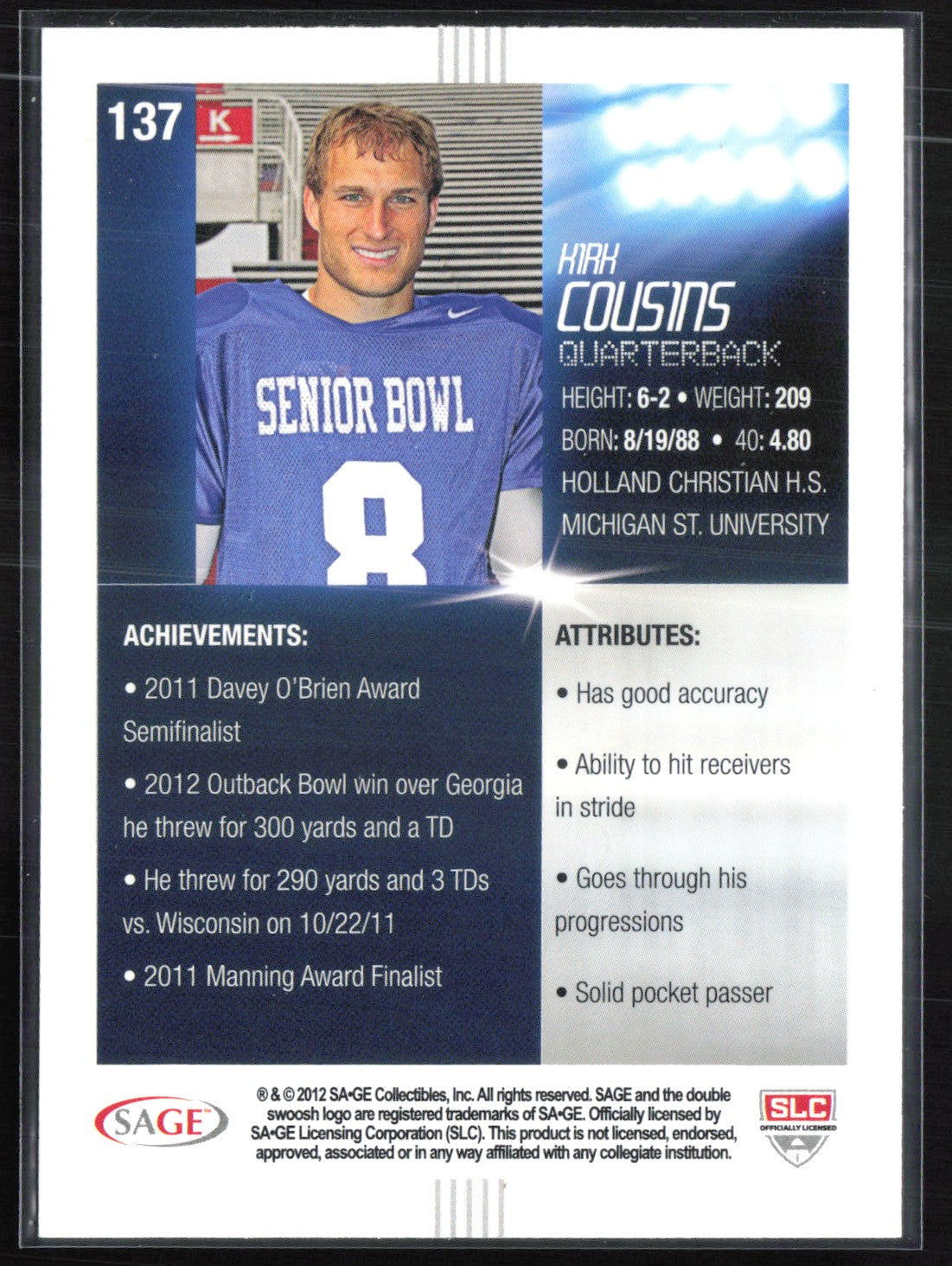 Kirk Cousins RC 2012 Sage Hit Pink