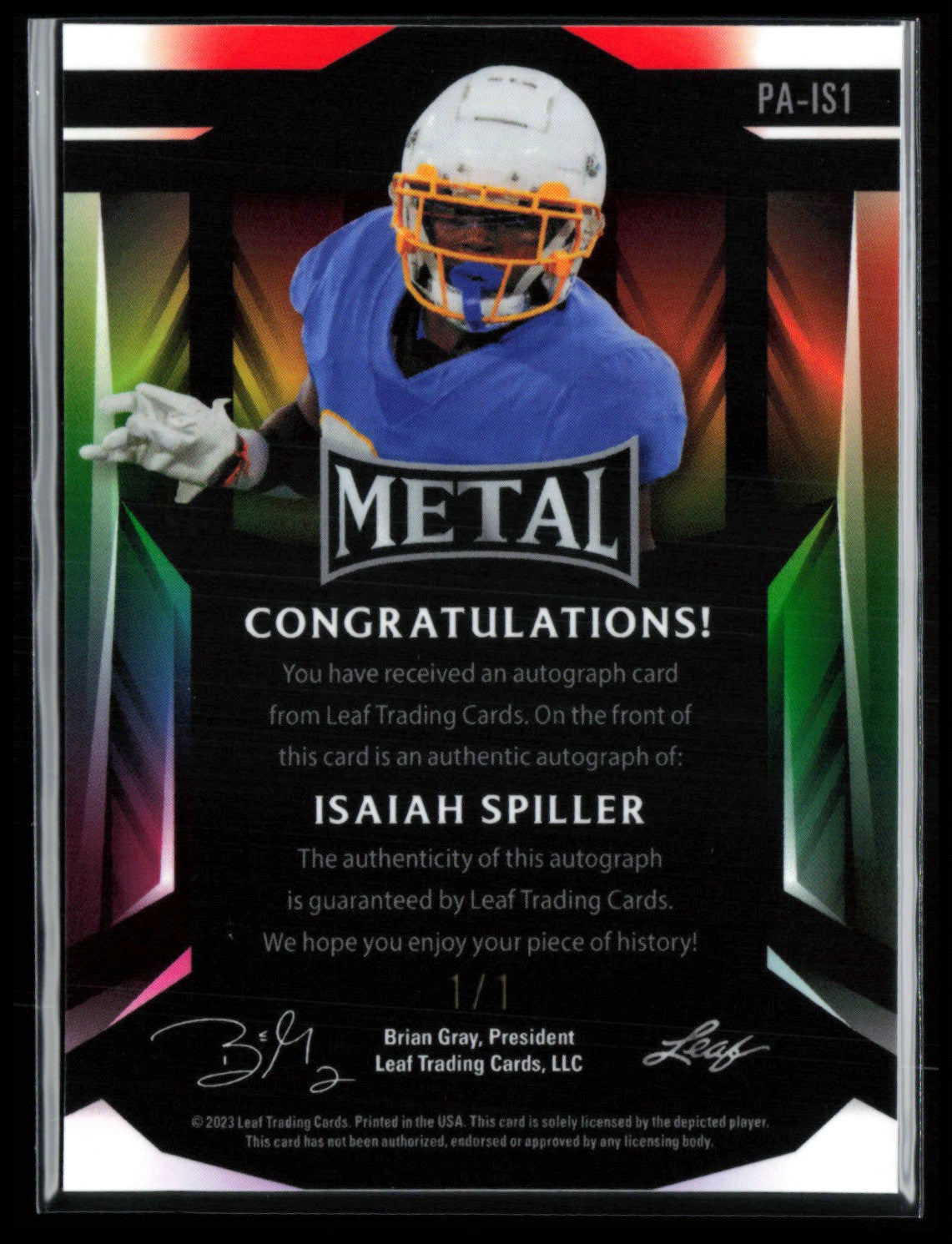 Isaiah Spiller 1/1 Auto 2023 Leaf Metal