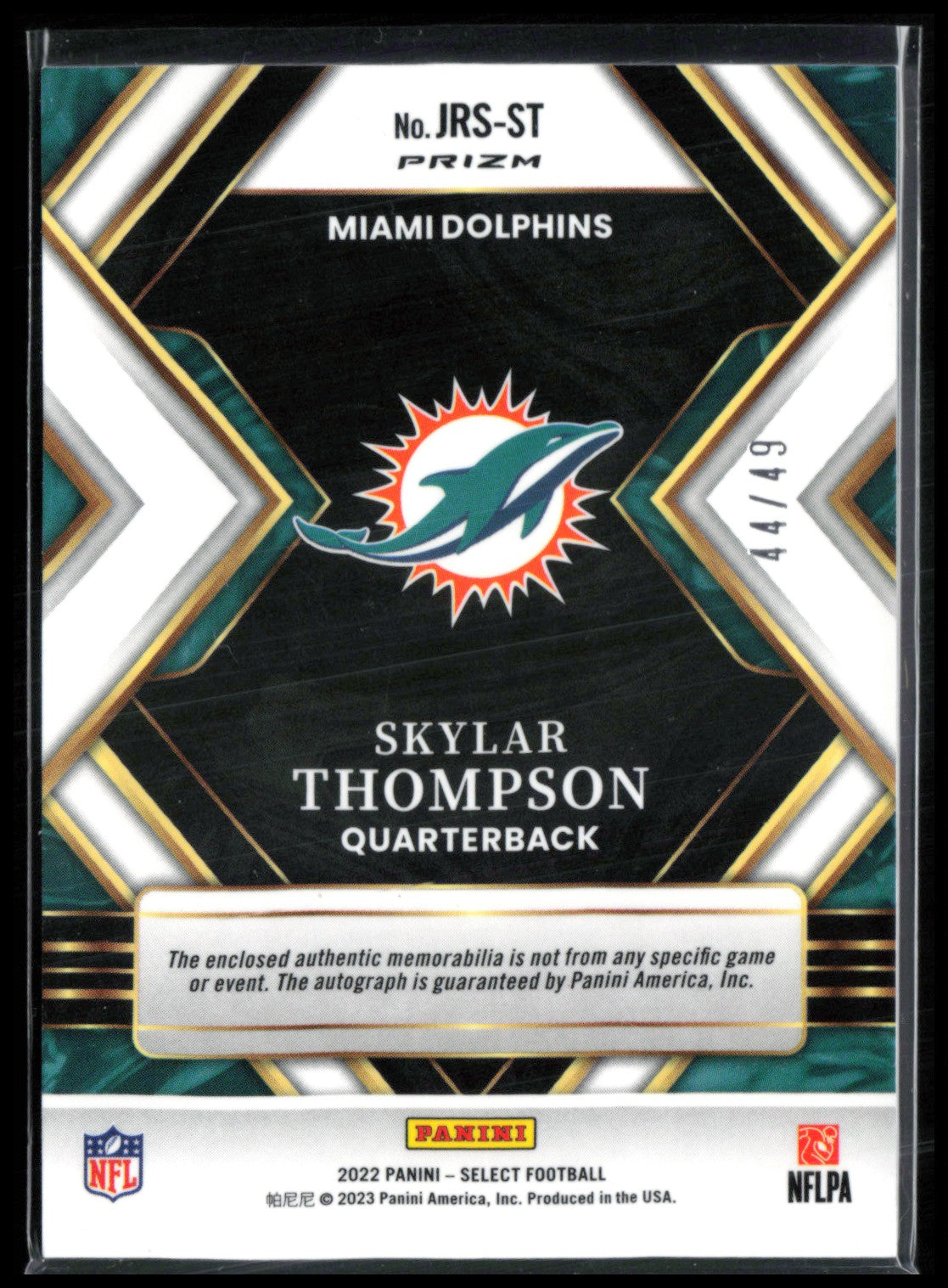 Skylar Thompson RC Jumbo Mem Auto /49 2022 Select Copper