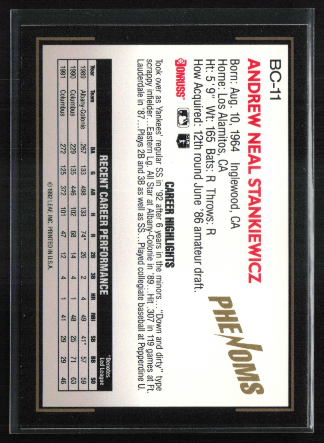 Andy Stankiewicz Phenmos 1992 Donruss