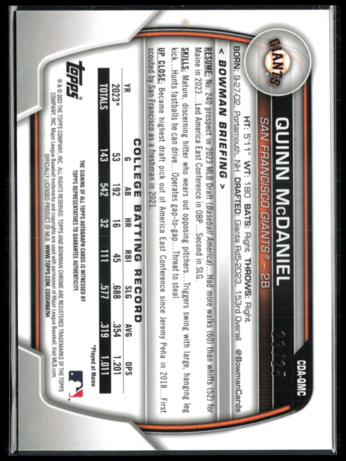 Quinn McDaniel 1st Bowman Auto Orange Wave /25 Prospect 2023 Bowman Chrome Draft